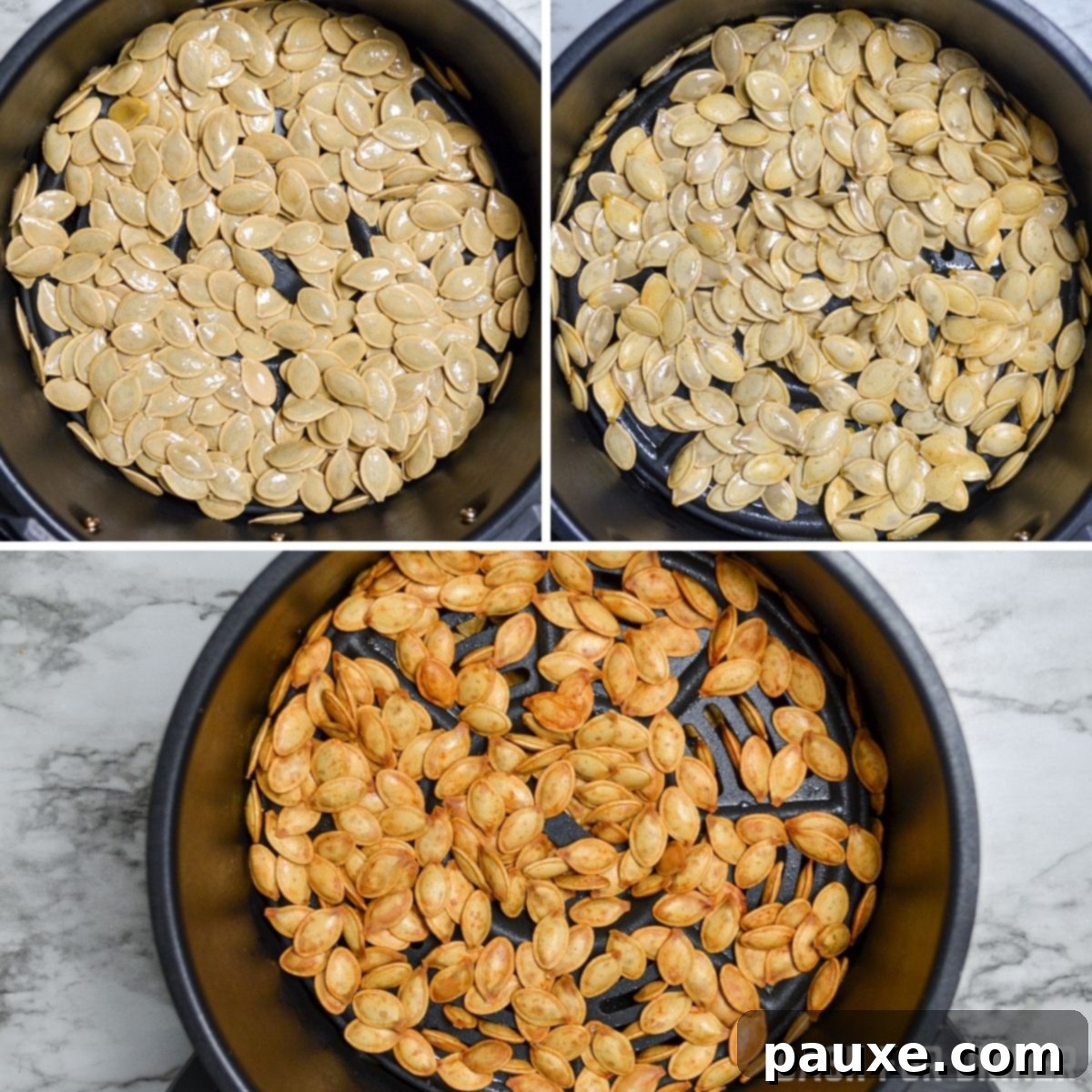 Crispy Air Fryer Pumpkin Seeds 8 A visual three-stage progression of pumpkin seeds being roasted in an air fryer: raw with oil, half-cooked, and fully roasted to a golden, crispy perfection.