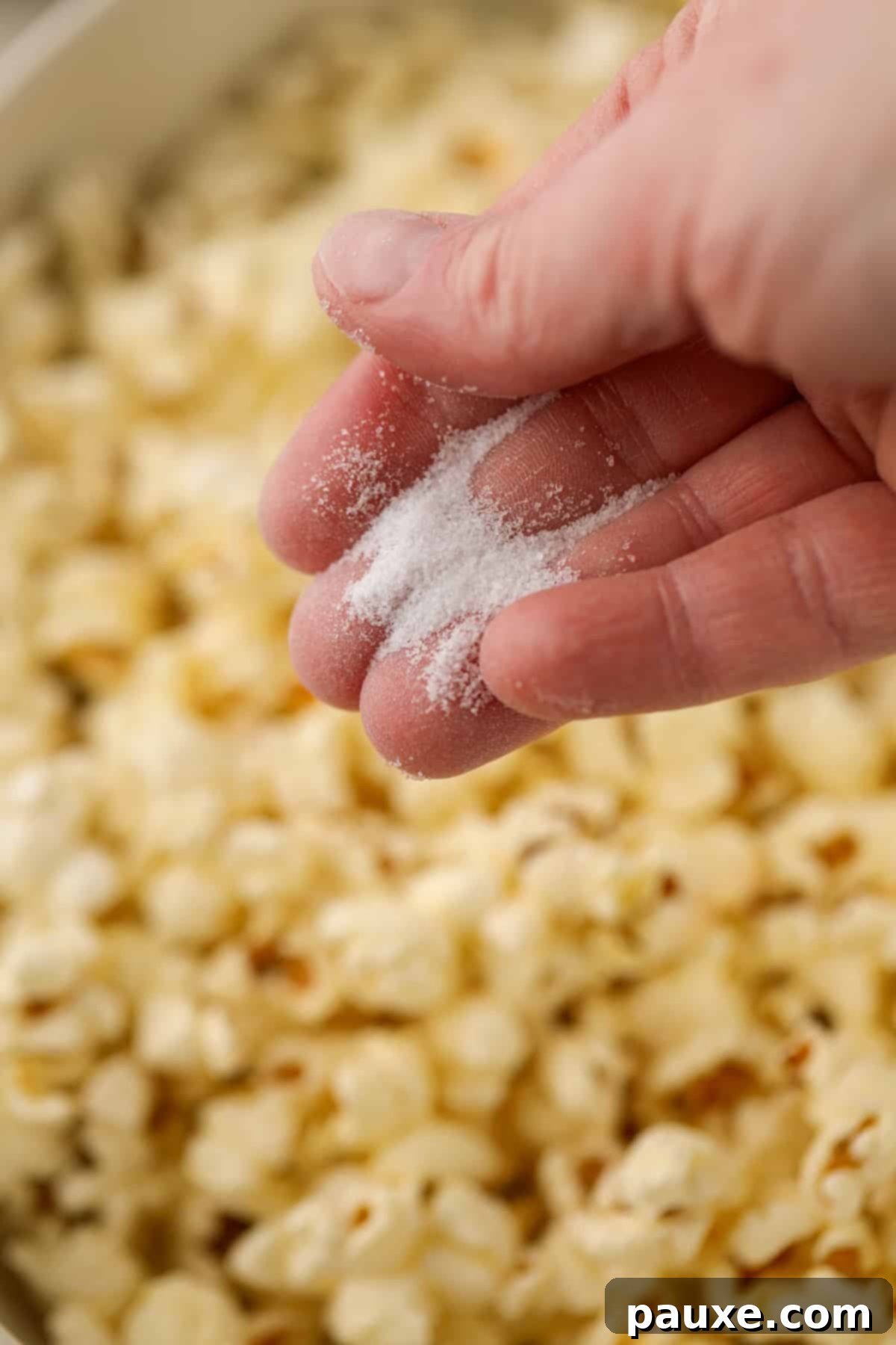 Artisan Popcorn Dust 9 A hand sprinkling fine salt on top of popcorn.