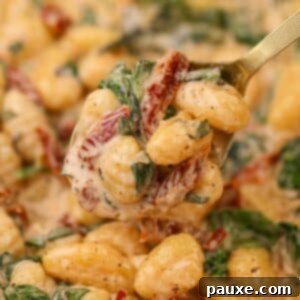 Rustic Tuscan Gnocchi 8 A close up of gnocchi in a creamy sauce, dotted with sundried tomato and spinach.