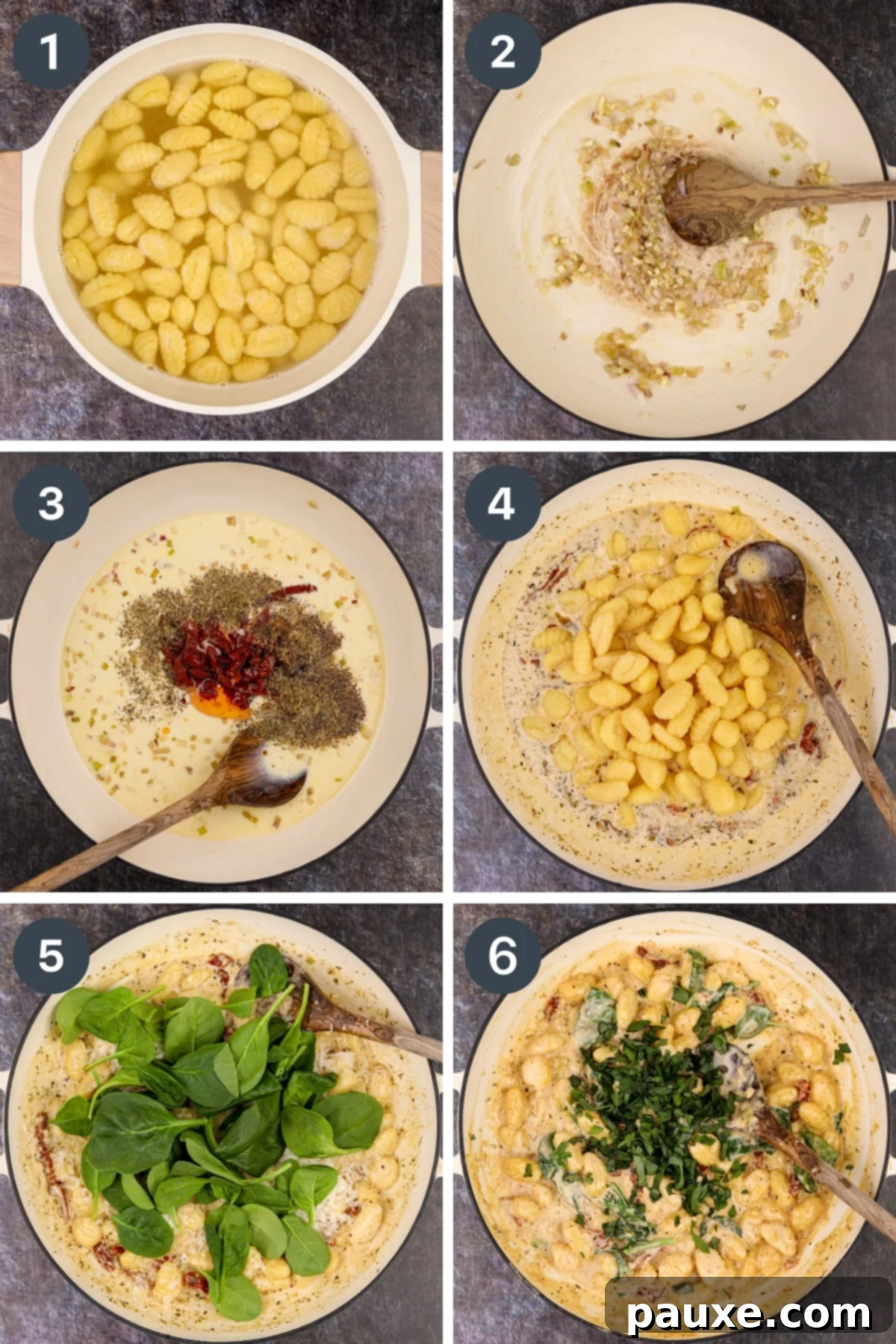 Rustic Tuscan Gnocchi 4 Adding gnocchi to a creamy pan sauce, then tossing in fresh baby spinach until perfectly wilted and incorporated.