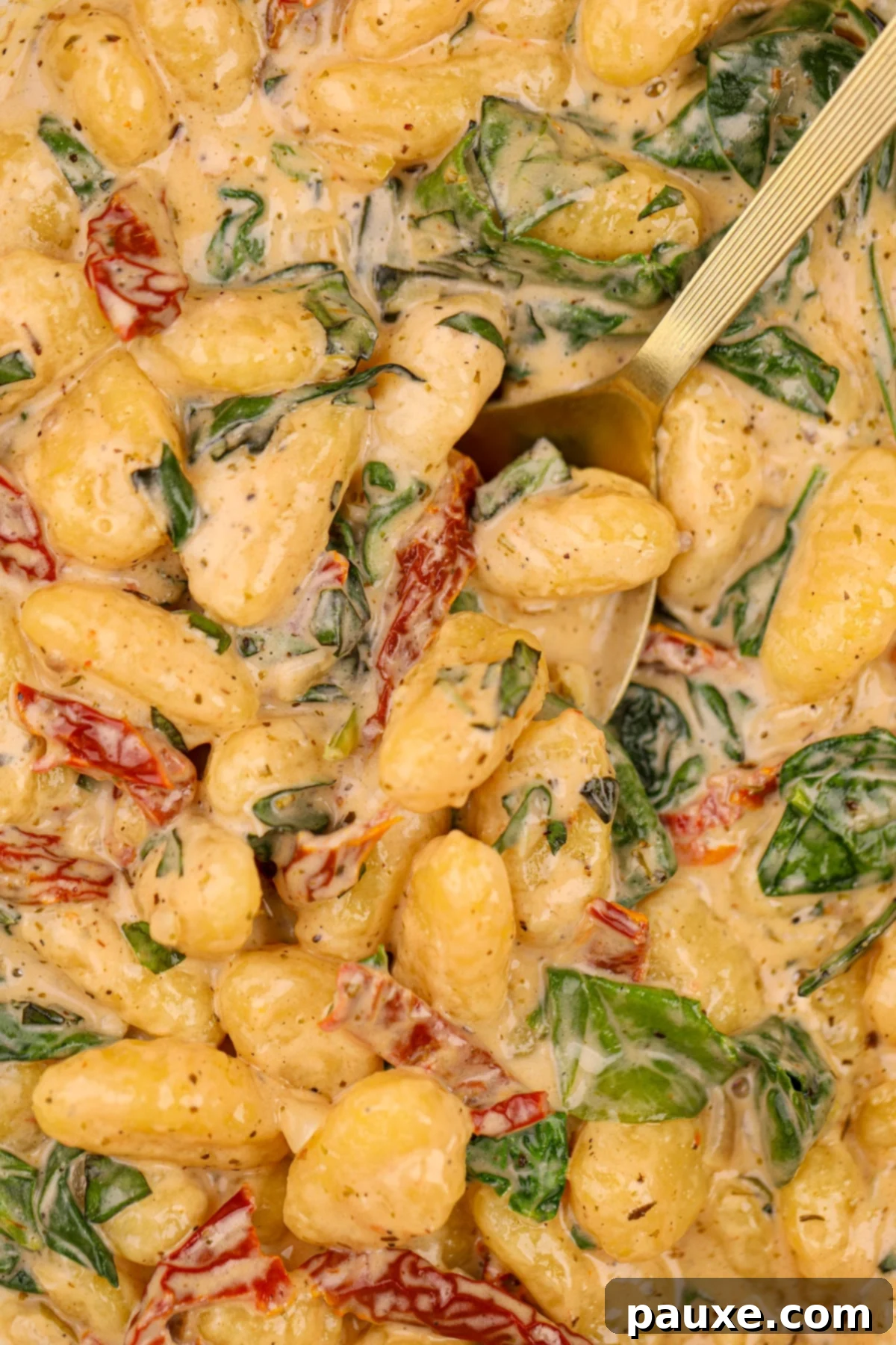 Rustic Tuscan Gnocchi 5 A large spoon taking a generous portion of creamy gnocchi from a pan, highlighting the perfectly coated gnocchi.