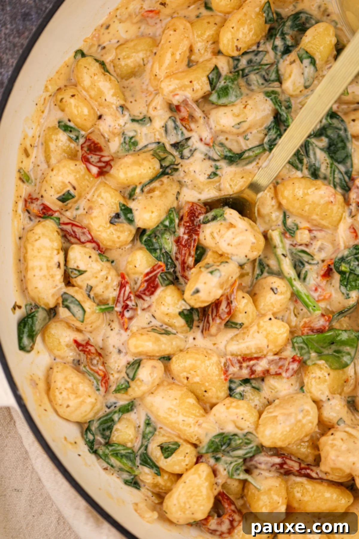 Rustic Tuscan Gnocchi 6 A large skillet filled with creamy gnocchi, with a spoon sticking out, ready to be served.