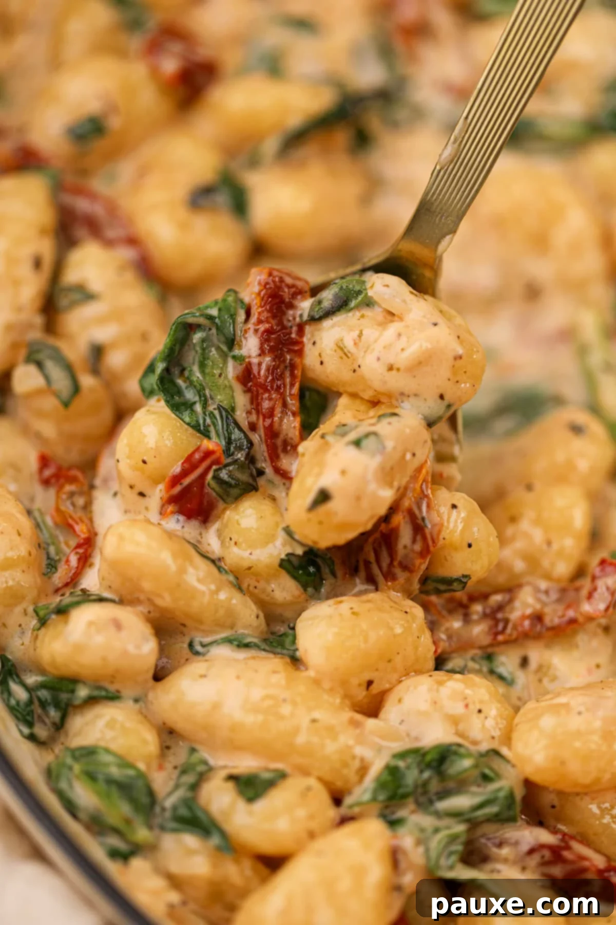 Rustic Tuscan Gnocchi 7 A close up of a spoon of gnocchi in a creamy sauce, showing the rich texture and flecks of herbs and sun-dried tomatoes.