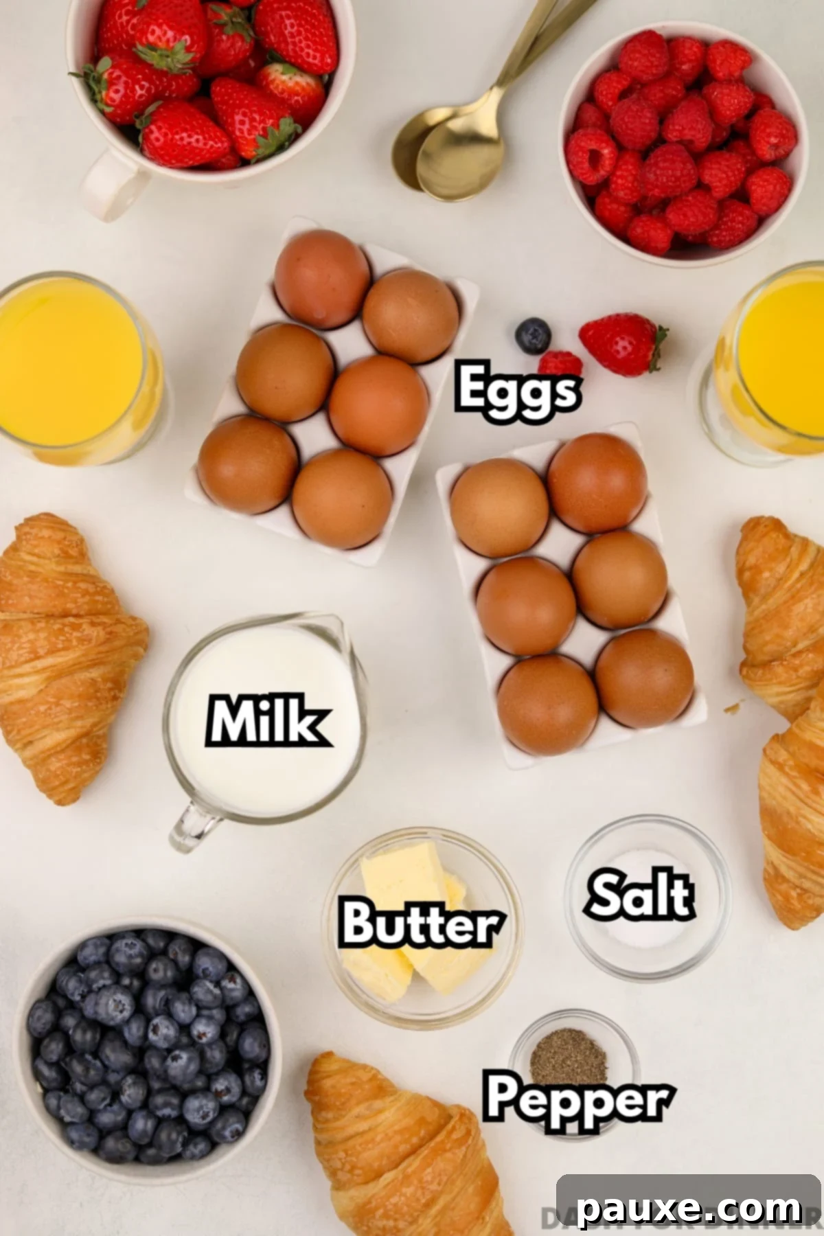 Fluffy Oven Scramble 3 The ingredients needed to make baked scrambled eggs: milk, butter, salt, pepper, and eggs.