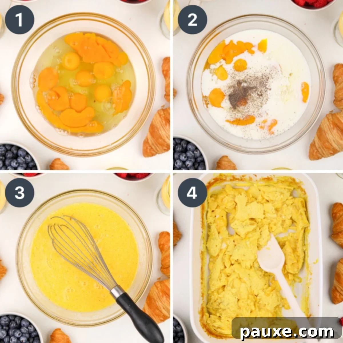 Fluffy Oven Scramble 4 Whisking eggs in a bowl, then baking them in a ceramic baking dish.