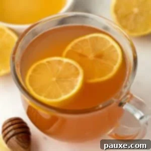 A glass mug filled with orange hued tea and garnished with lemon slices.