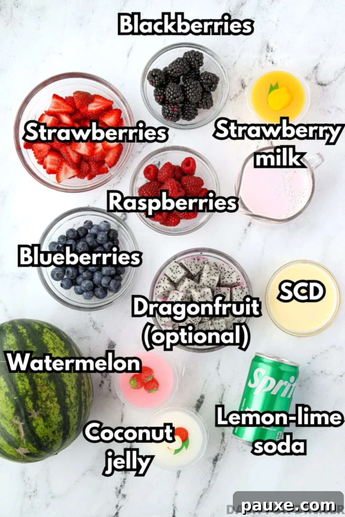 The ingredients needed to make hwachae, including berries, dragonfruit, strawberry milk, and watermelon.