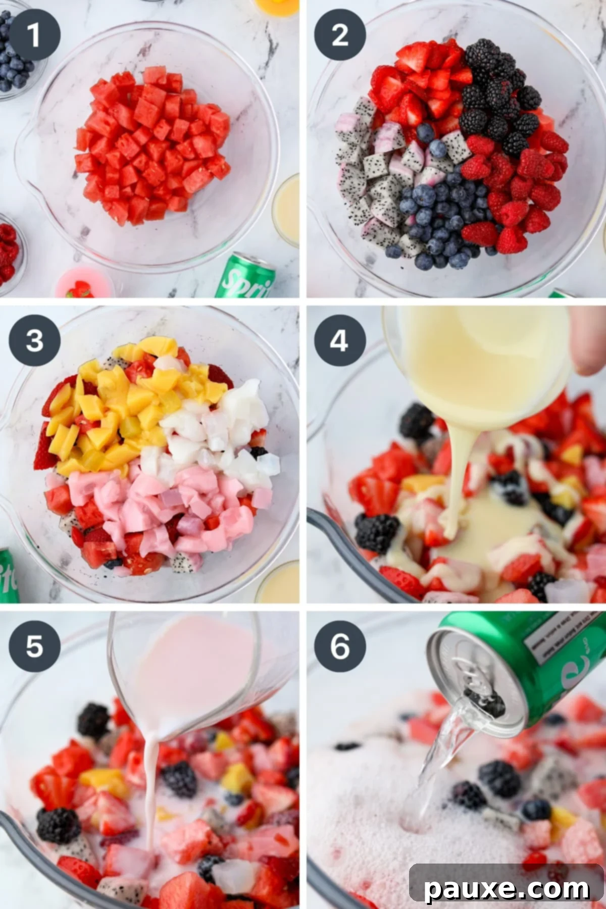 Adding fruit to a large bowl, then pouring in sweetened condensed milk, strawberry milk, and sprite.
