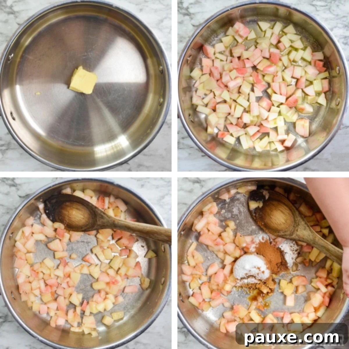 Golden Air Fried Apple Delights 5 Diced apples being sautéed in a skillet with melted butter to create the sweet and tender turnover filling.