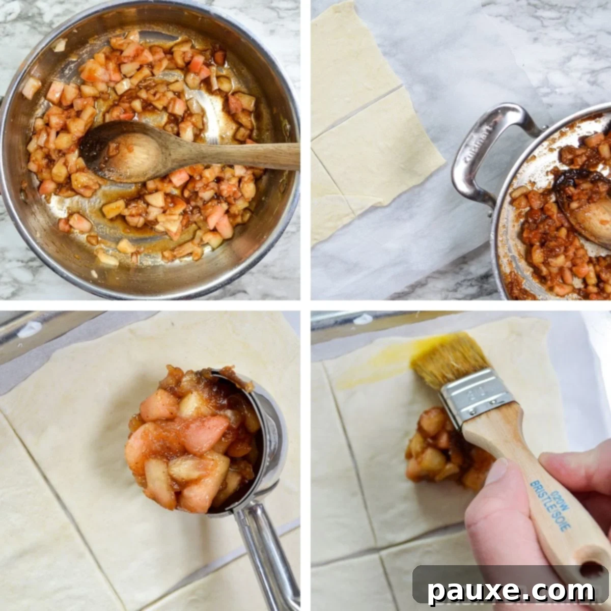 Golden Air Fried Apple Delights 6 Cooked apple filling being carefully spooned onto the center of puff pastry squares, leaving enough space for sealing.