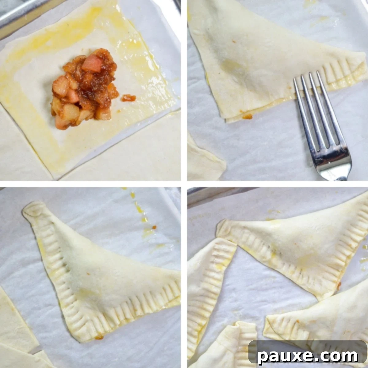 Golden Air Fried Apple Delights 7 Assembled apple turnovers with their edges crimped using a fork, ready for baking.