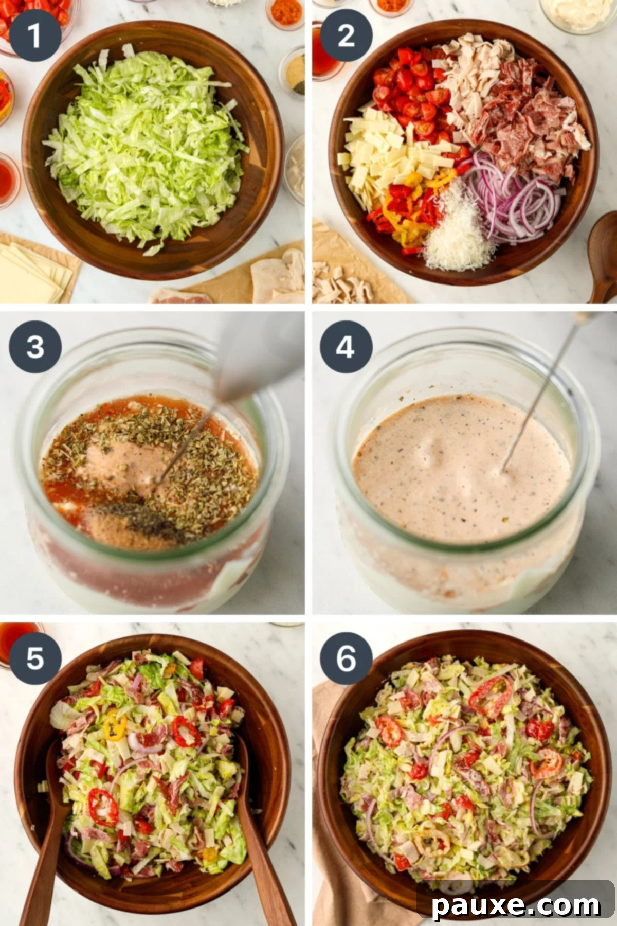 Hero Salad Bowl 5 A pair of tongs tossing shredded lettuce, colorful vegetables, finely chopped deli meat, and cheese together in a large mixing bowl to create the Grinder Sandwich Salad.