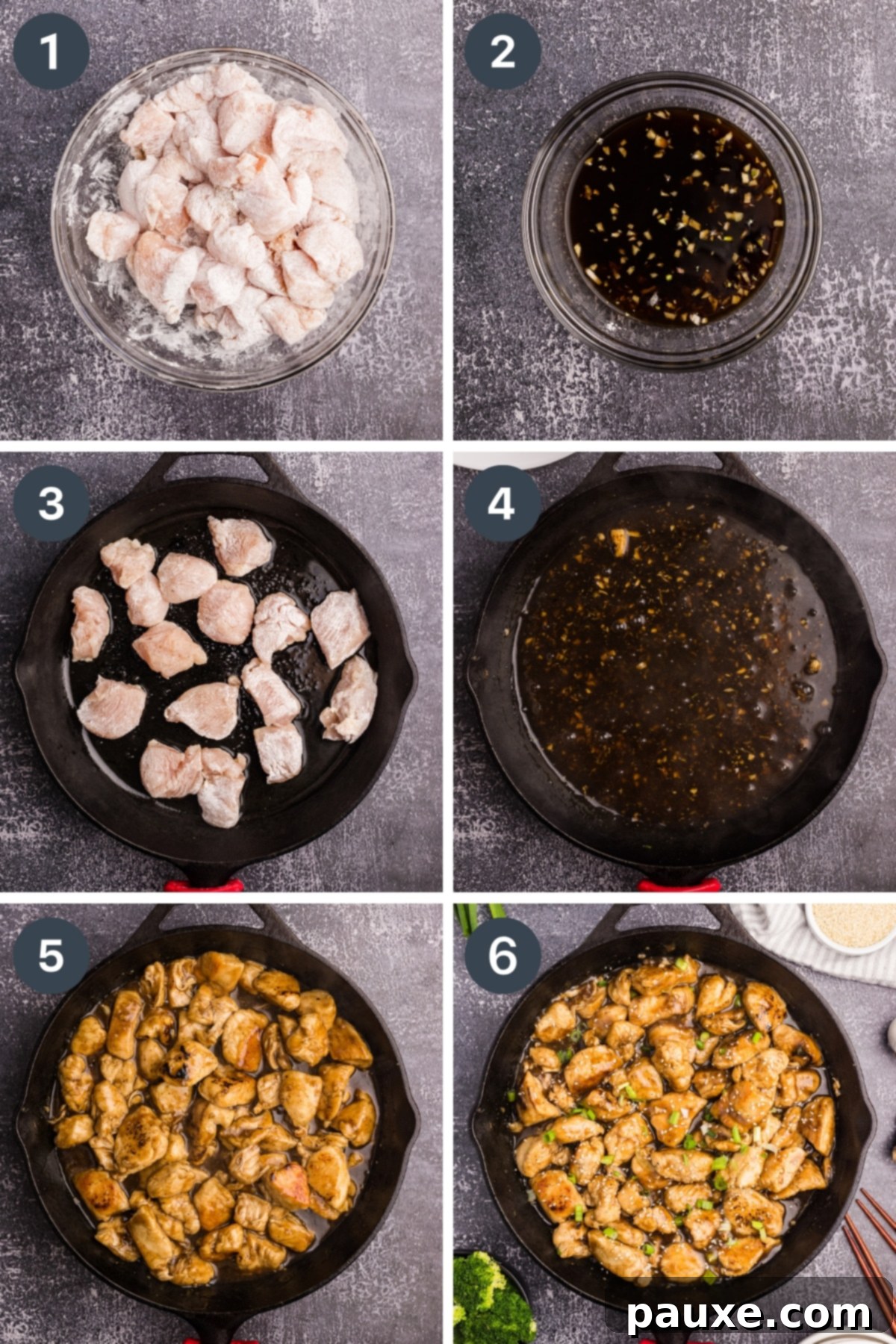 Sticky Honey Ginger Chicken 4 A visual sequence showing the steps: coating chicken, simmering the honey ginger sauce, and combining cooked chicken with the thickened sauce in a skillet.