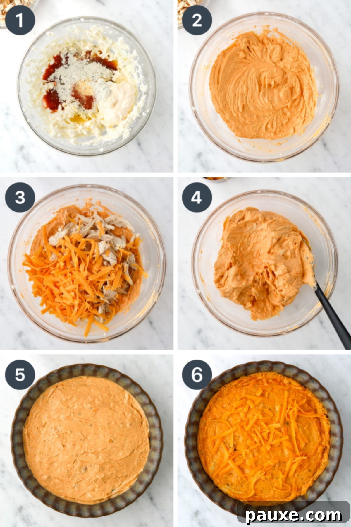 Irresistible Buffalo Chicken Dip 4 Step-by-step photos showing the process of blending cream cheese with buffalo sauce and other seasonings, then combining with chicken and cheese before baking until golden and bubbly.