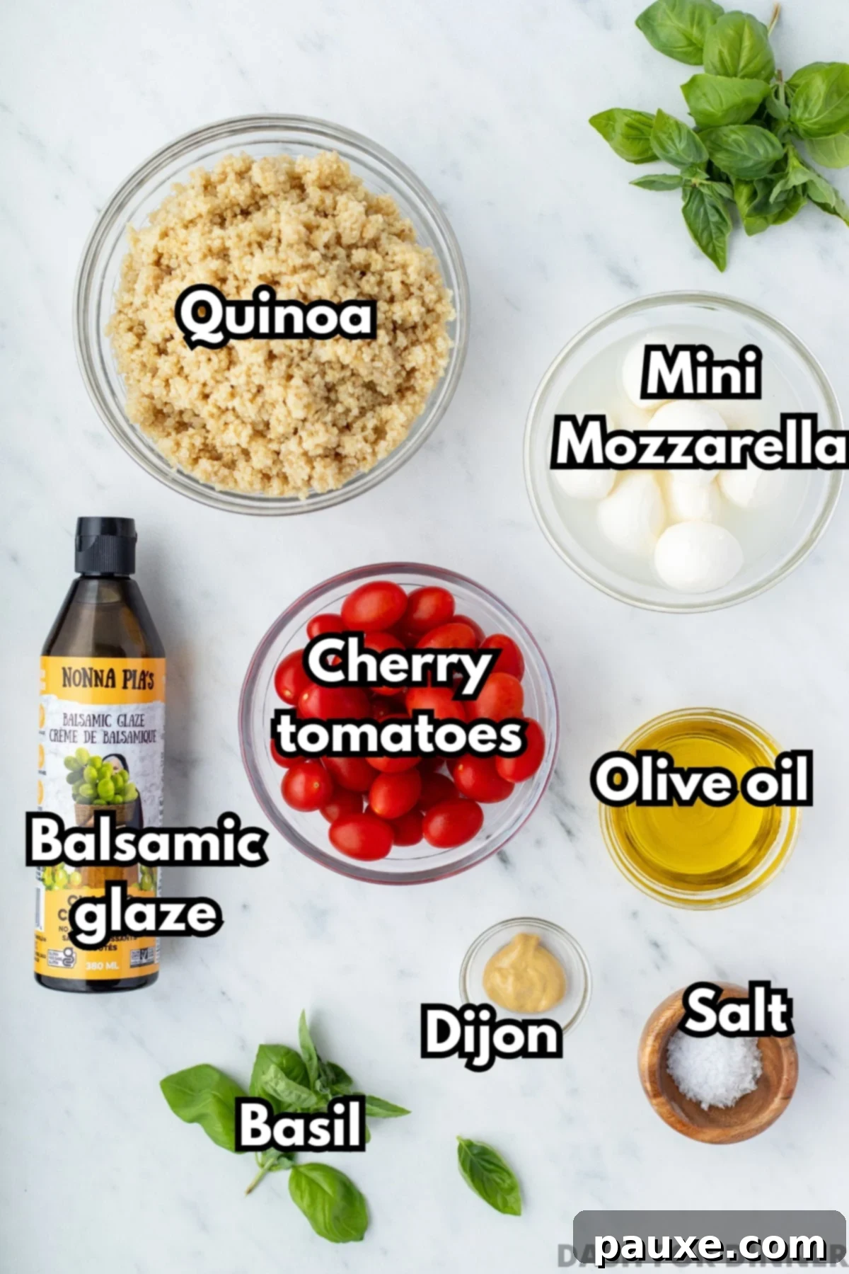 Vibrant Quinoa Caprese 3 The ingredients needed to make caprese quinoa salad, including cherry tomatoes, basil, and olive oil.
