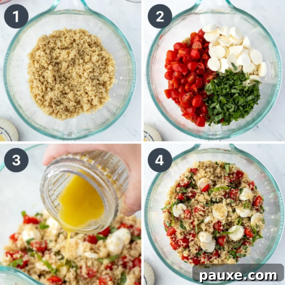 Vibrant Quinoa Caprese 4 Several frames showing a bowl of quinoa, then the addition of mini mozzarella balls, tomato, and basil, and finally being tossed with a dressing.