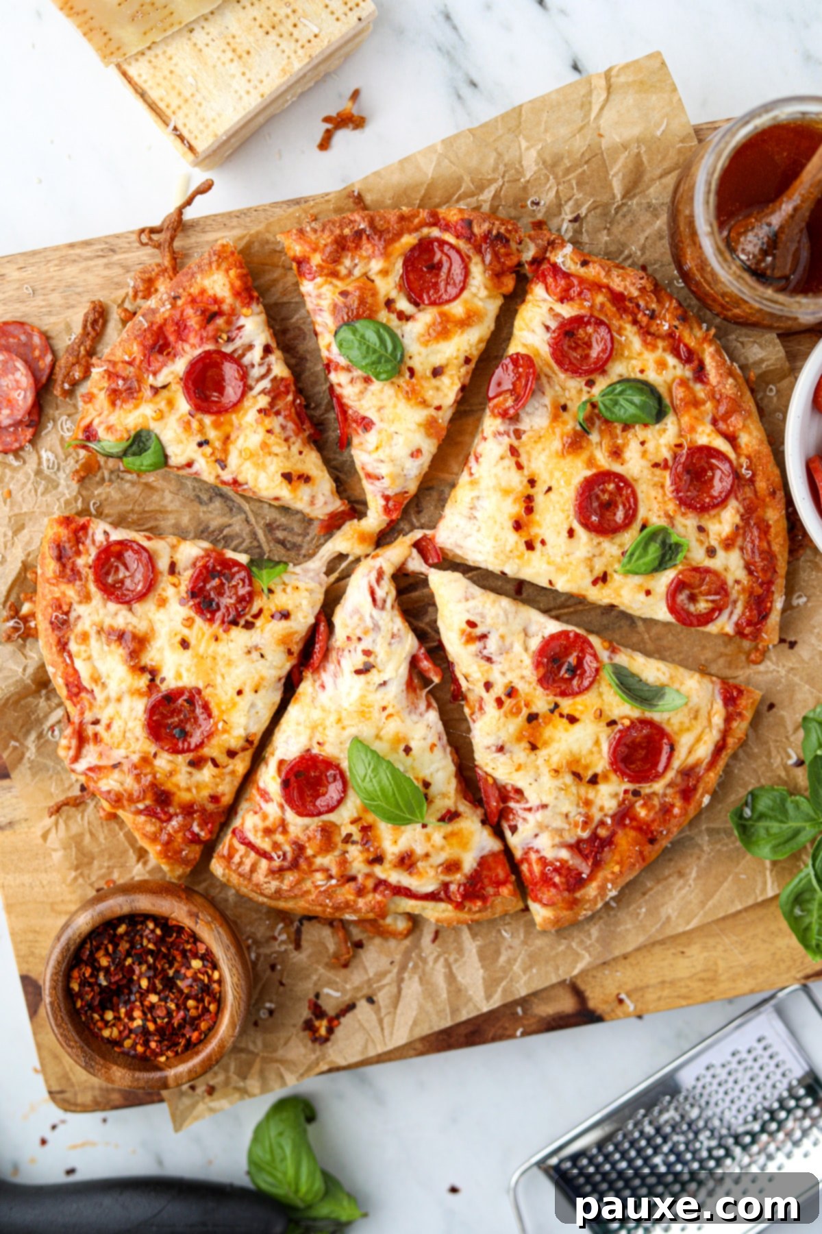 Wholesome Yogurt Pizza 2 Pizza cut into slices and topped with pepperoni and fresh basil, showcasing a golden, crispy crust.