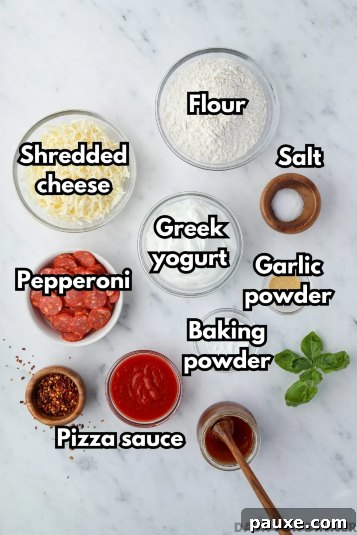 Wholesome Yogurt Pizza 3 Bowls of the ingredients needed to make greek yogurt pizza, including greek yogurt, flour, and shredded cheese, ready for preparation.