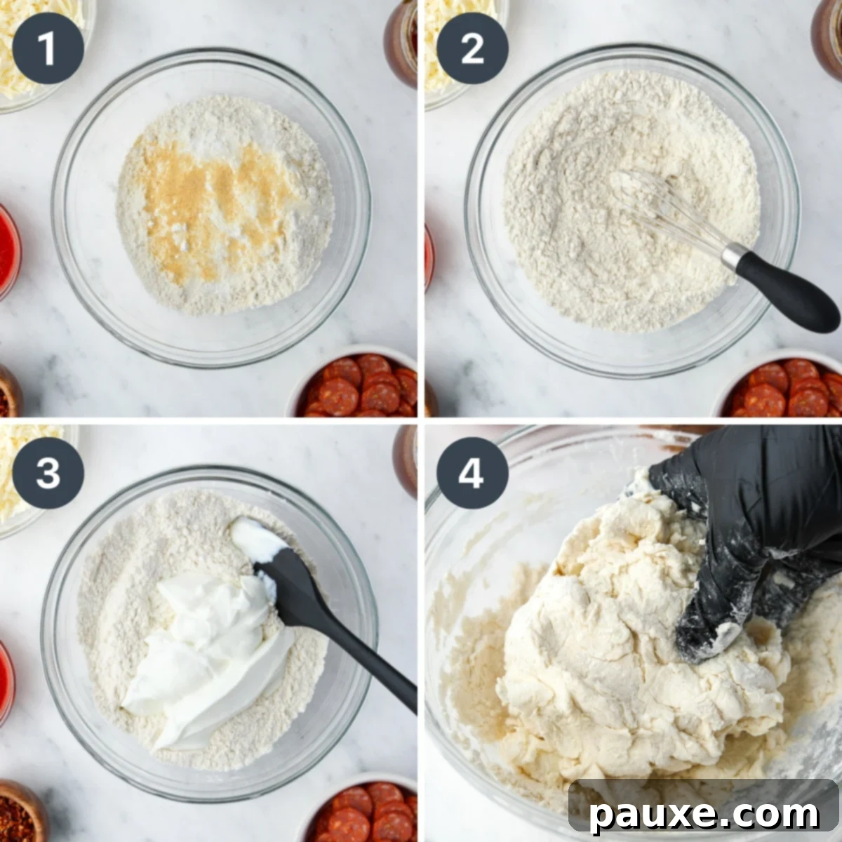 Wholesome Yogurt Pizza 4 Whisking dry ingredients and adding Greek yogurt to form a cohesive dough ball.