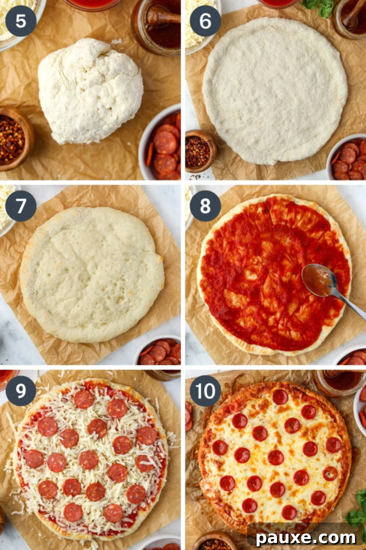 Wholesome Yogurt Pizza 5 Adding pizza sauce, shredded cheese, and toppings to a round pizza dough circle on a parchment paper-lined baking sheet.