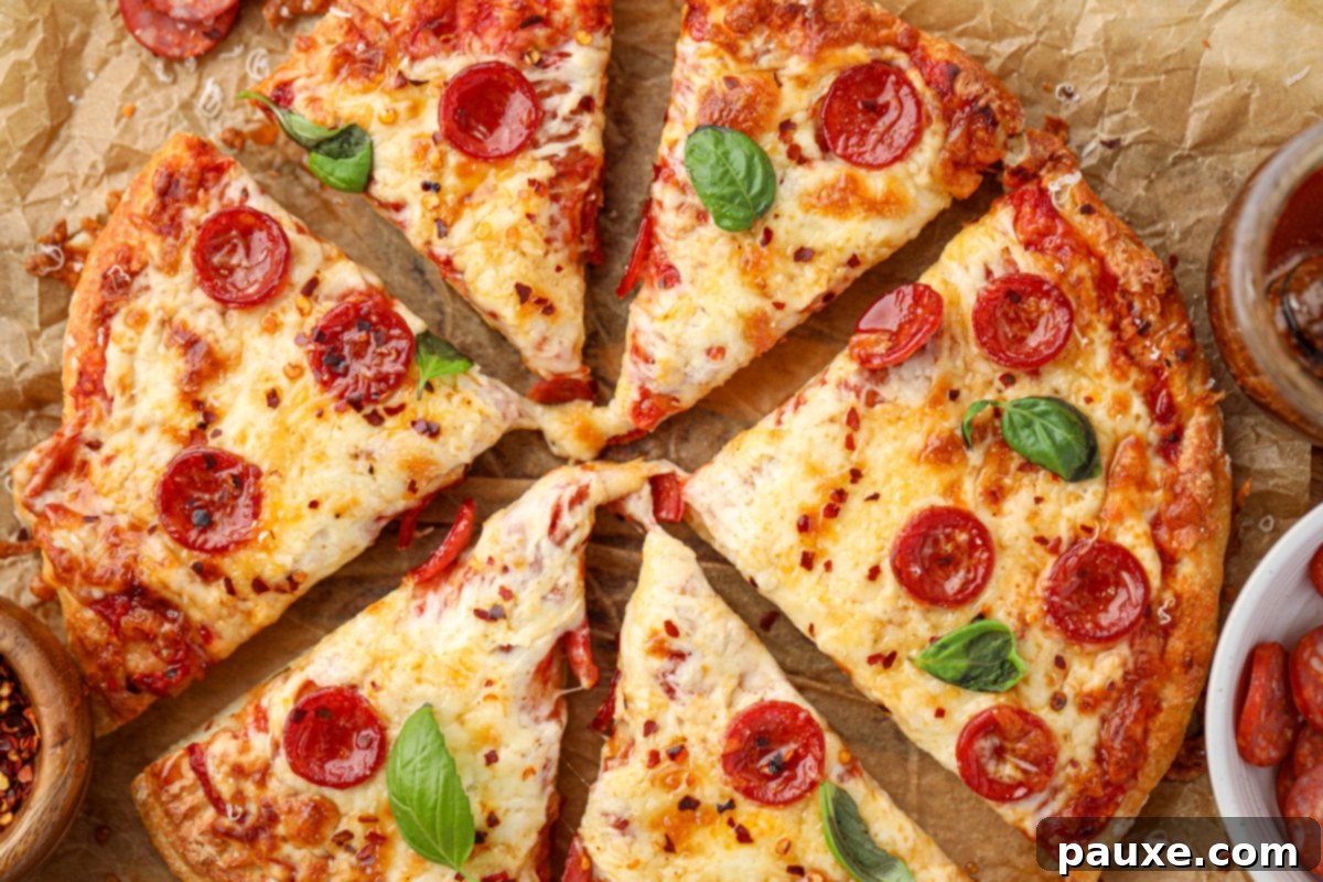 Wholesome Yogurt Pizza 7 A round pizza sliced into 6 uneven pieces, ready to be served.