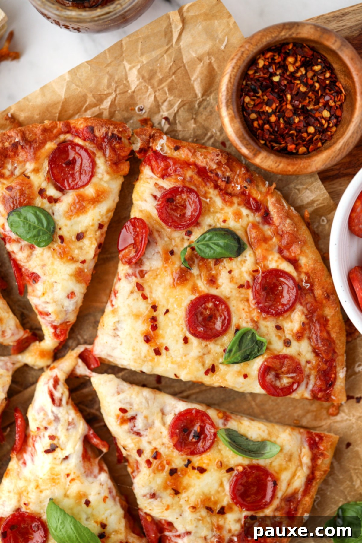 Wholesome Yogurt Pizza 10 Slices of pizza on a sheet of parchment paper, topped with pepperoni and fresh basil, ready for sharing.