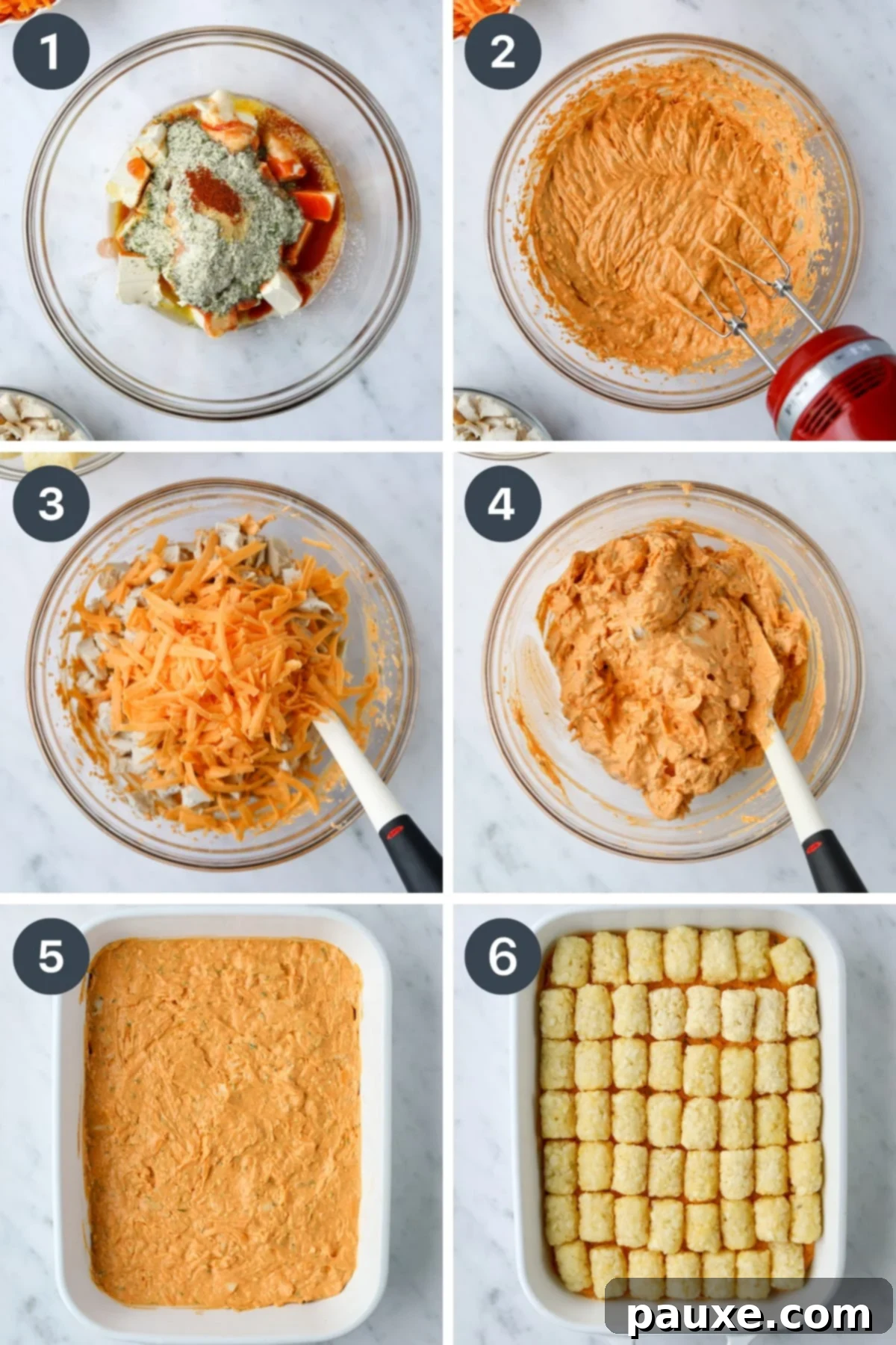 Fiery Buffalo Tot Bake 4 Mixing together cream cheese with buffalo sauce and other ingredients, then assembling in a baking pan with tater tots.