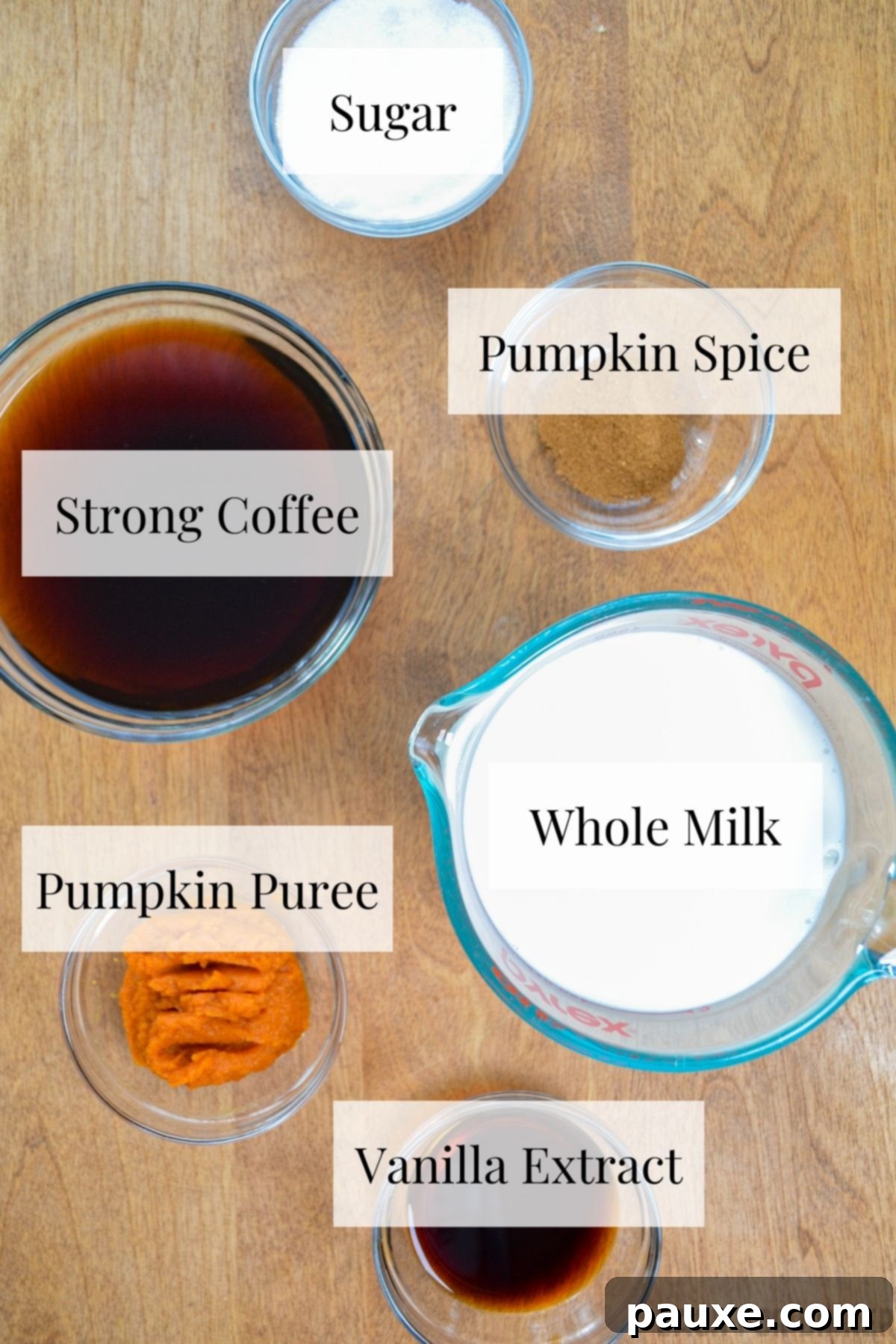 Homemade Instant Pot Pumpkin Spice Latte 3 A beautifully arranged display of fresh ingredients required for making a pumpkin spice latte in an Instant Pot, including whole milk, vibrant pumpkin puree, a cup of strong coffee, pumpkin pie spice, white sugar, and clear vanilla extract.