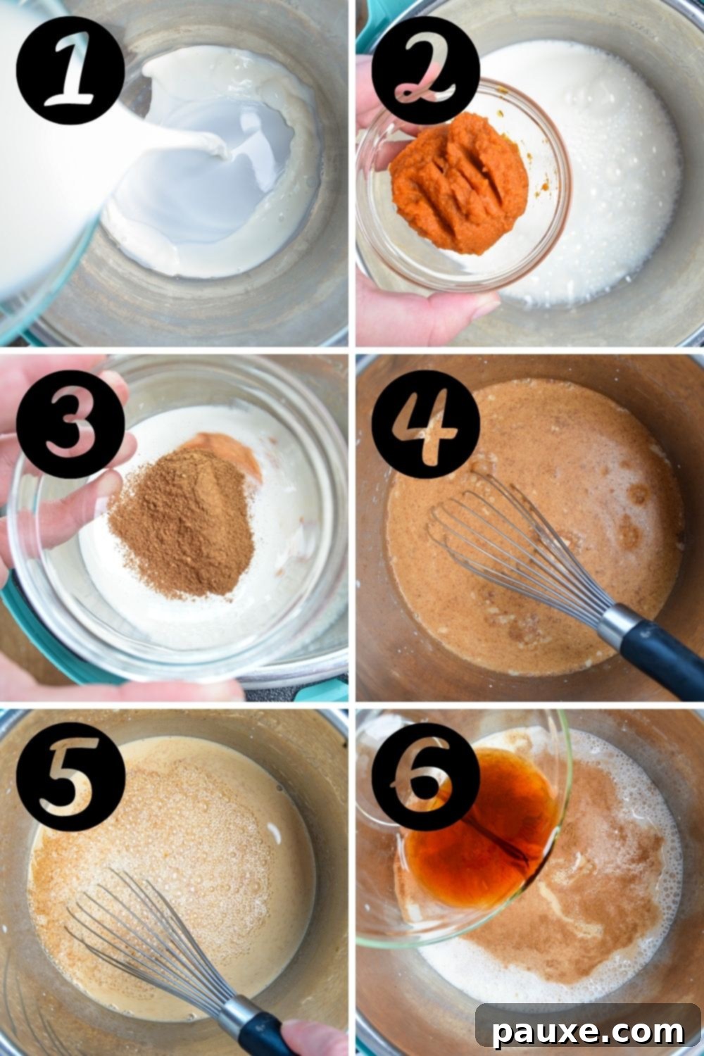 Homemade Instant Pot Pumpkin Spice Latte 4 A focused shot of a hand stirring the creamy pumpkin spice latte ingredients within an Instant Pot, showcasing the initial stage of preparation.