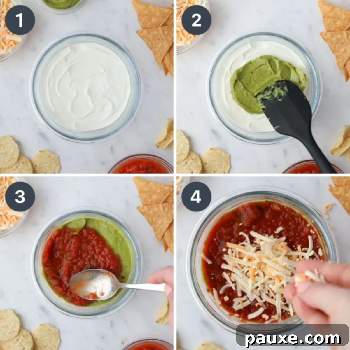Power-Packed Greek Yogurt Dip 4 Layering Greek yogurt, guacamole, salsa, and shredded cheese into a small bowl.