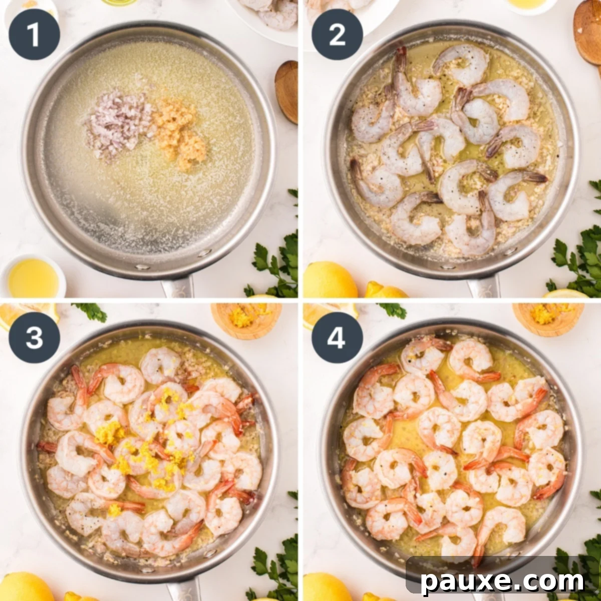 Zesty Lemon-Garlic Butter Shrimp 4 A detailed collage showcasing the cooking process: adding shrimp to a hot skillet, sprinkling lemon zest, and a final overhead view of perfectly cooked shrimp.