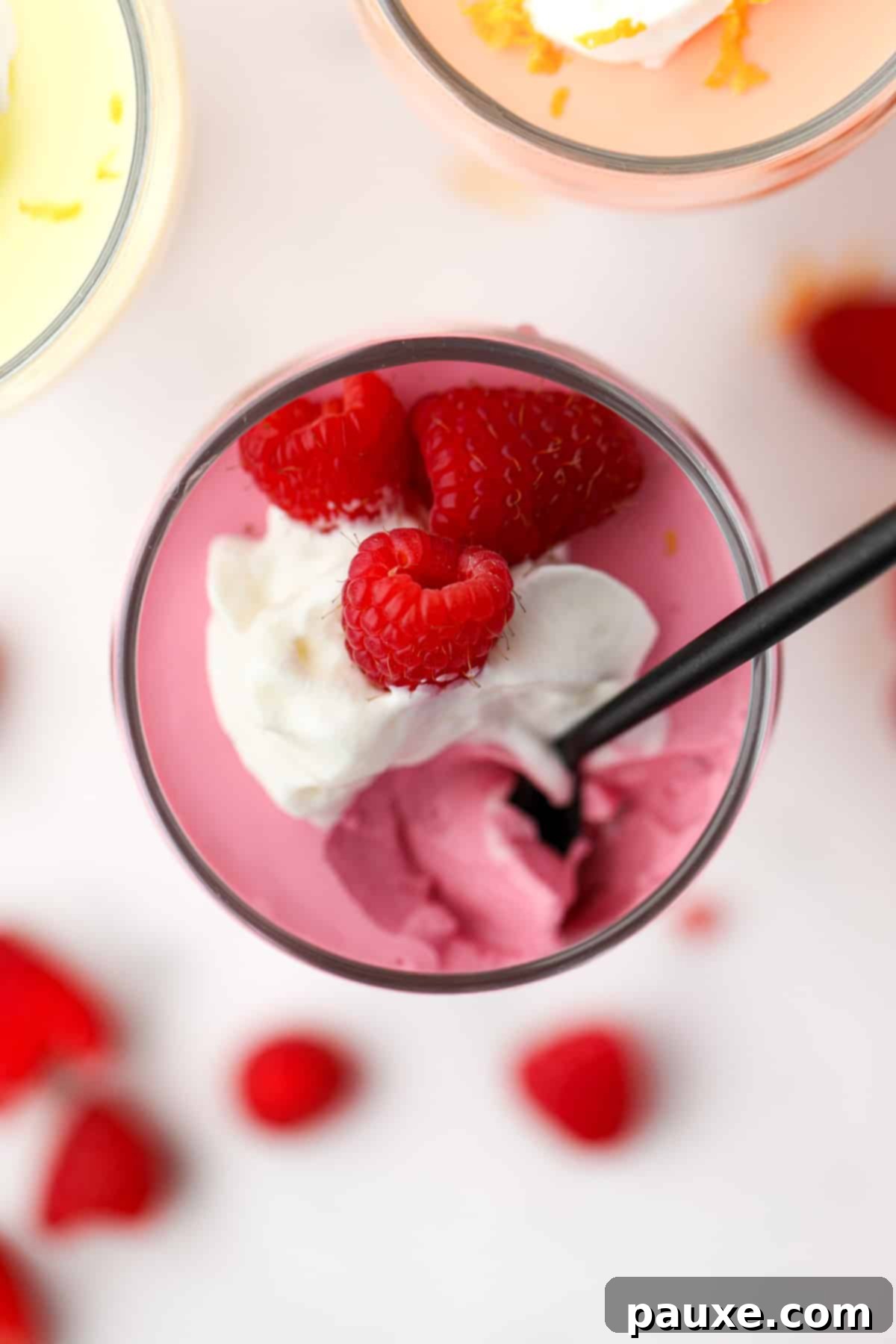 Creamy Greek Yogurt Delight 2 A small parfait glassed filled with protein mousse, topped with whipped cream and raspberries. A light and healthy dessert option.