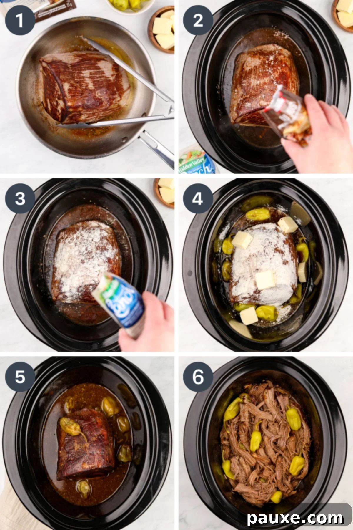 Browning a beef roast, then placing it in a crock pot with seasoning, butter, and pepperoncini peppers.