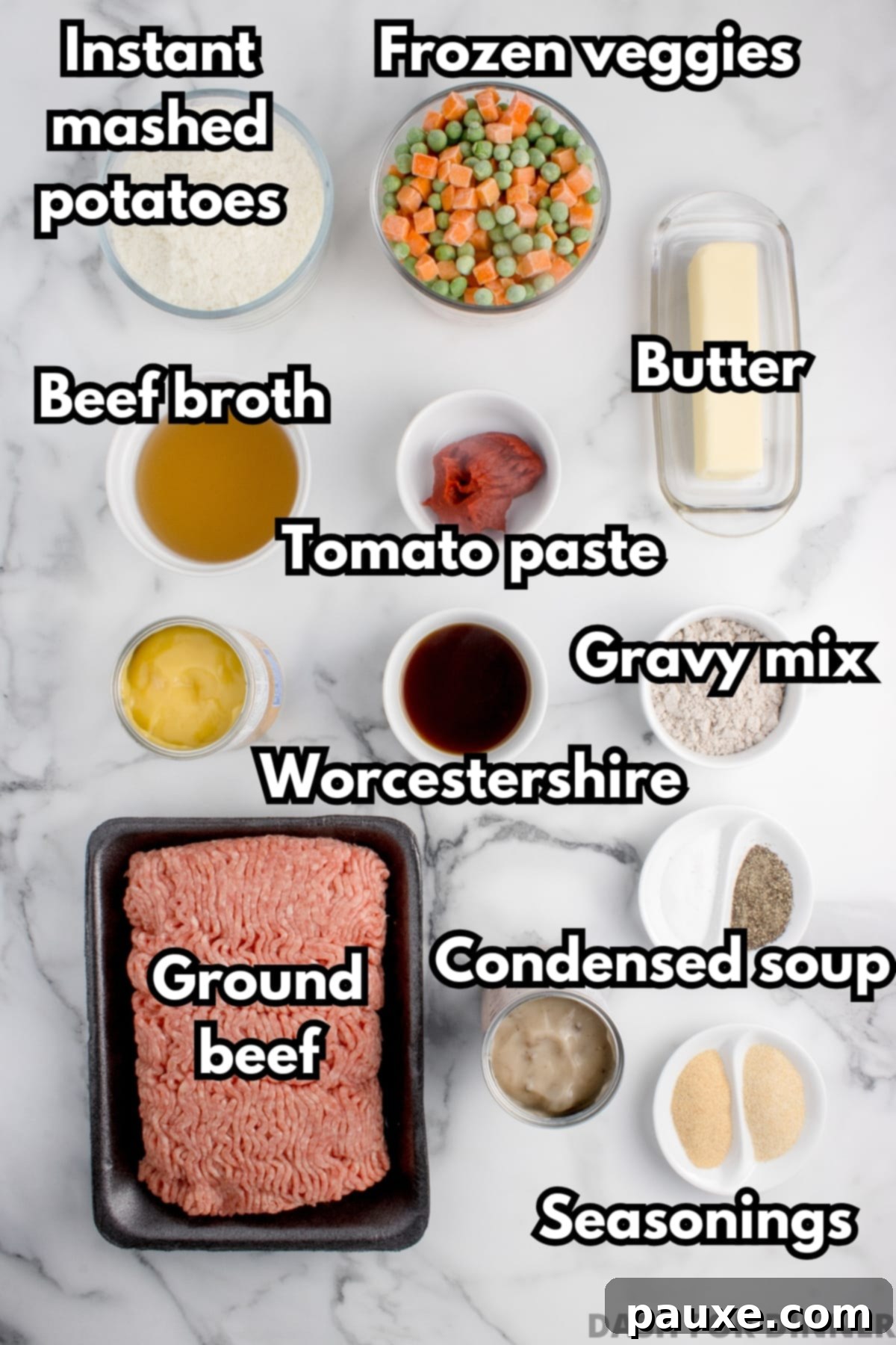 Set-It-And-Forget-It Shepherd's Pie 3 The ingredients needed to make shepherd's pie in a slow cooker, including ground beef, worcestershire sauce, and frozen vegetables.