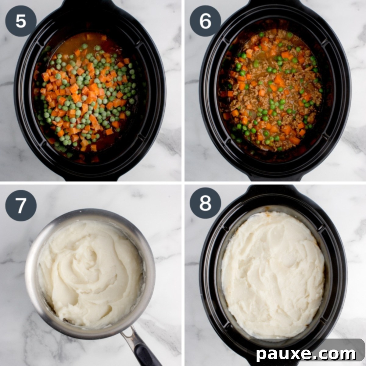 Set-It-And-Forget-It Shepherd's Pie 5 Adding mashed potatoes on top of ground beef Shepherd's pie filling in a slow cooker.