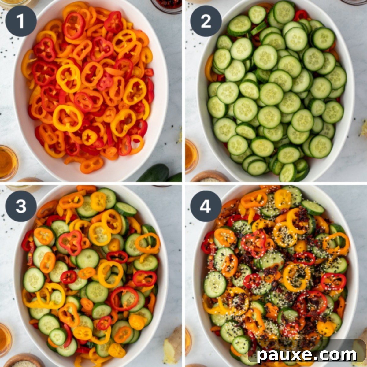 A collage showing a bowl filled with mini bell peppers, then cucumbers, then topped with sesame seeds and chili crisp.