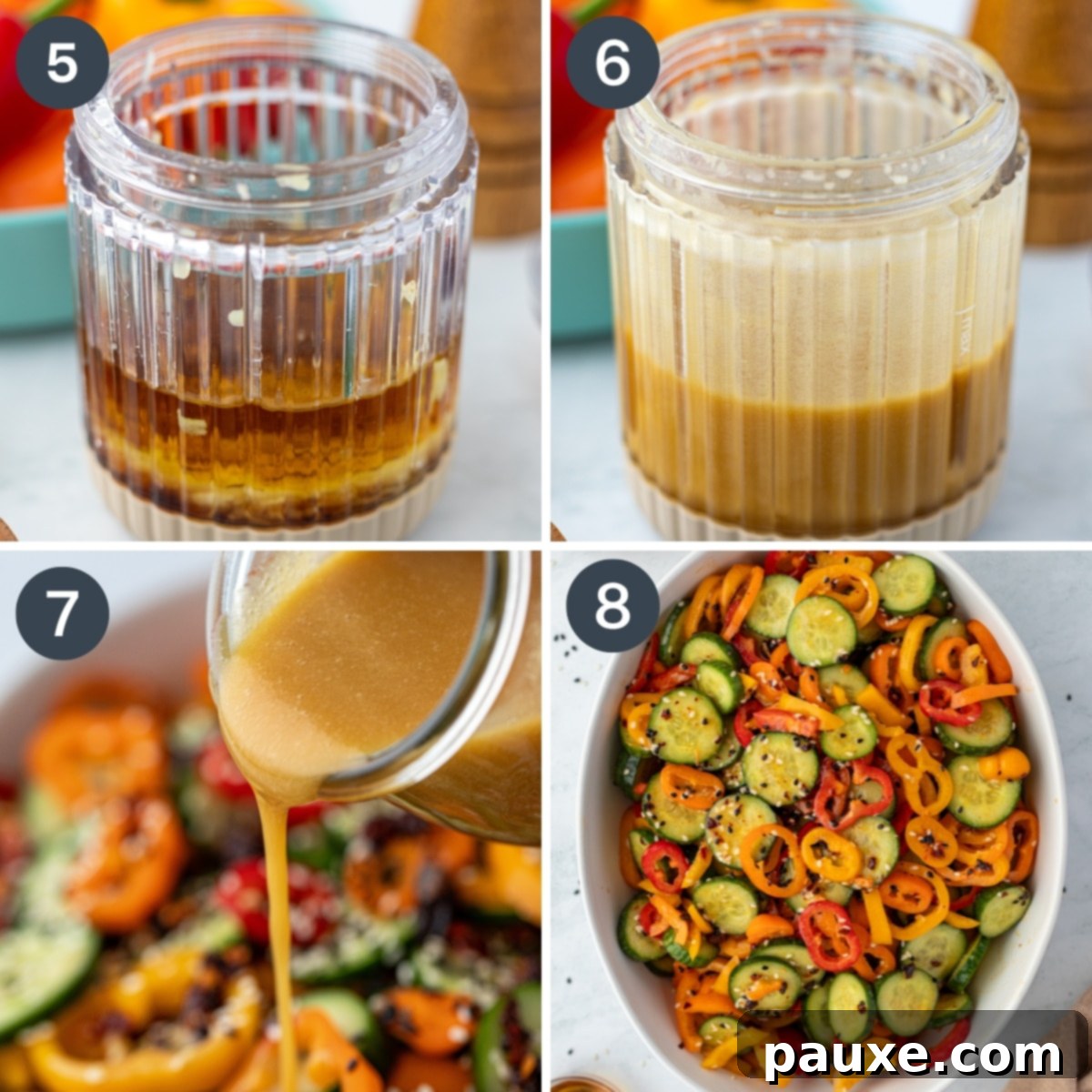 A collage showing a mini blender making salad dressing, then adding it to a salad of bell pepper and cucumber.