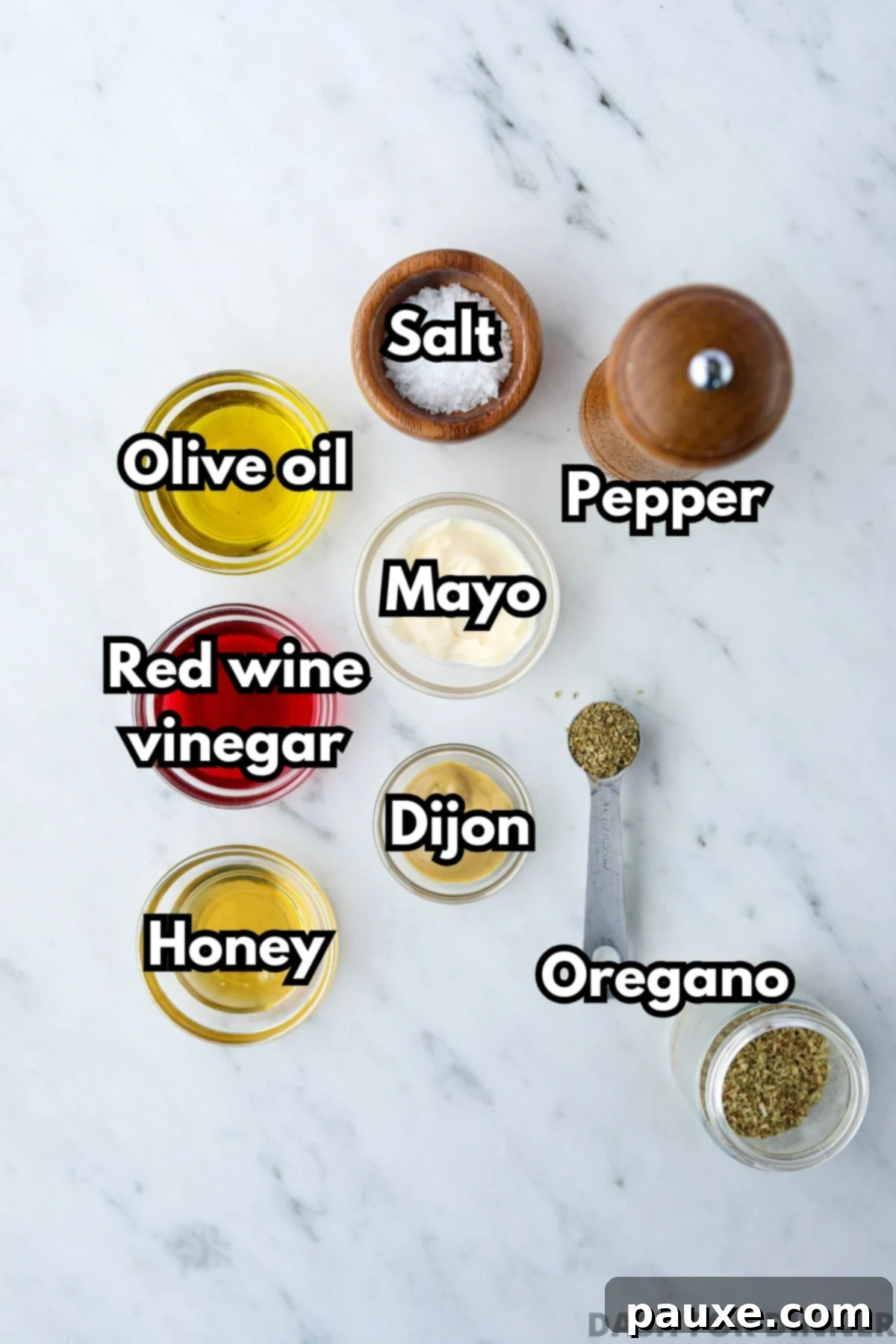 The Sub Secret 3 Small bowls of ingredients, including honey, olive oil, red wine vinegar, and oregano.