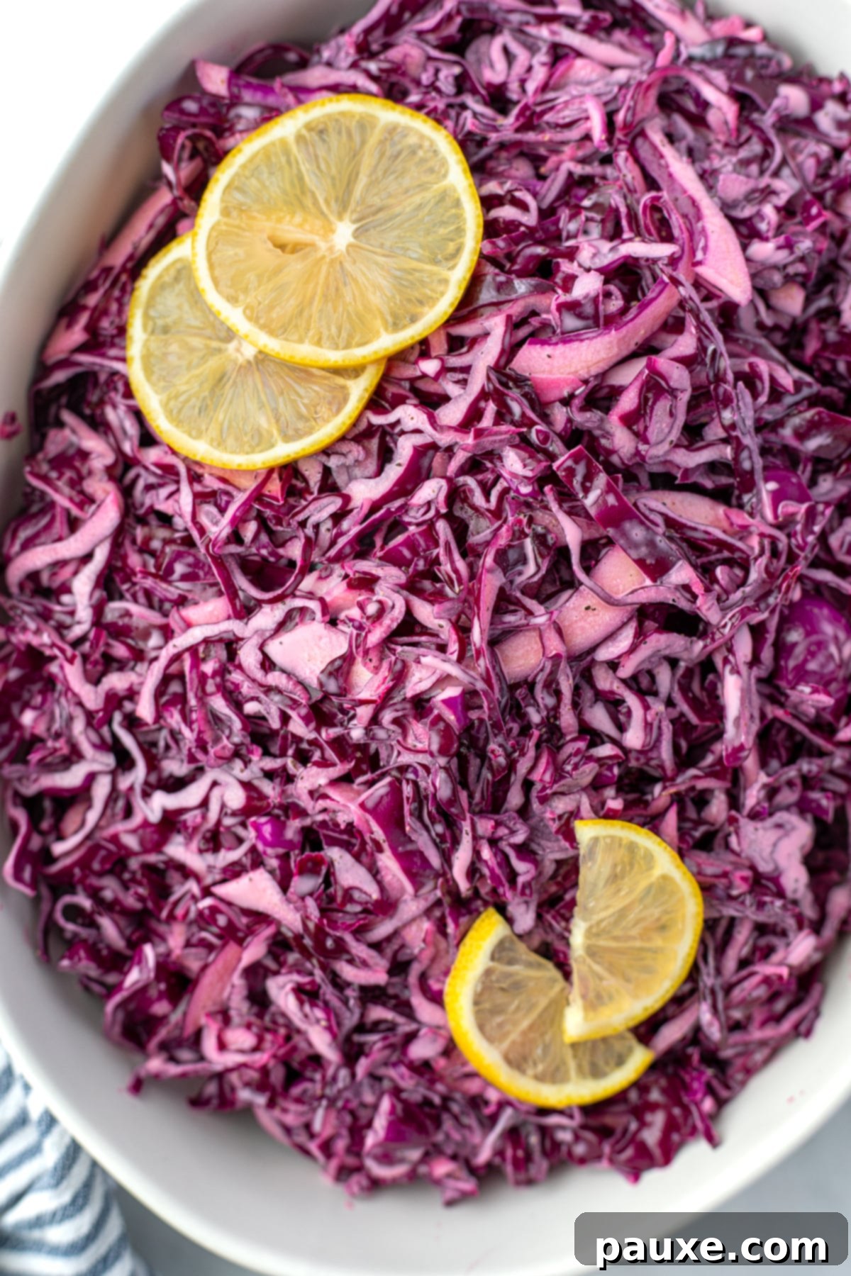 Fresh Israeli Cabbage Slaw 2 A bowl filled with vibrant red cabbage salad, garnished with fresh lemon slices, ready to be served.