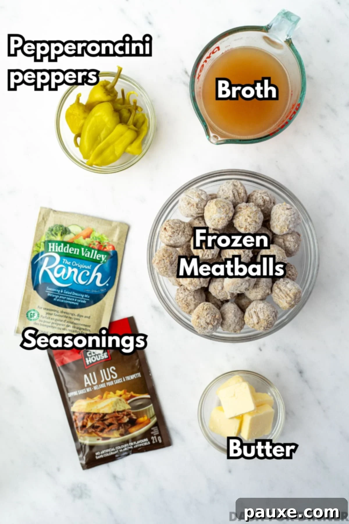 Dixie Glazed Meatballs 3 The ingredients needed to make mississippi meatballs, including frozen meatballs, ranch seasoning, butter, broth, and au jus seasoning.