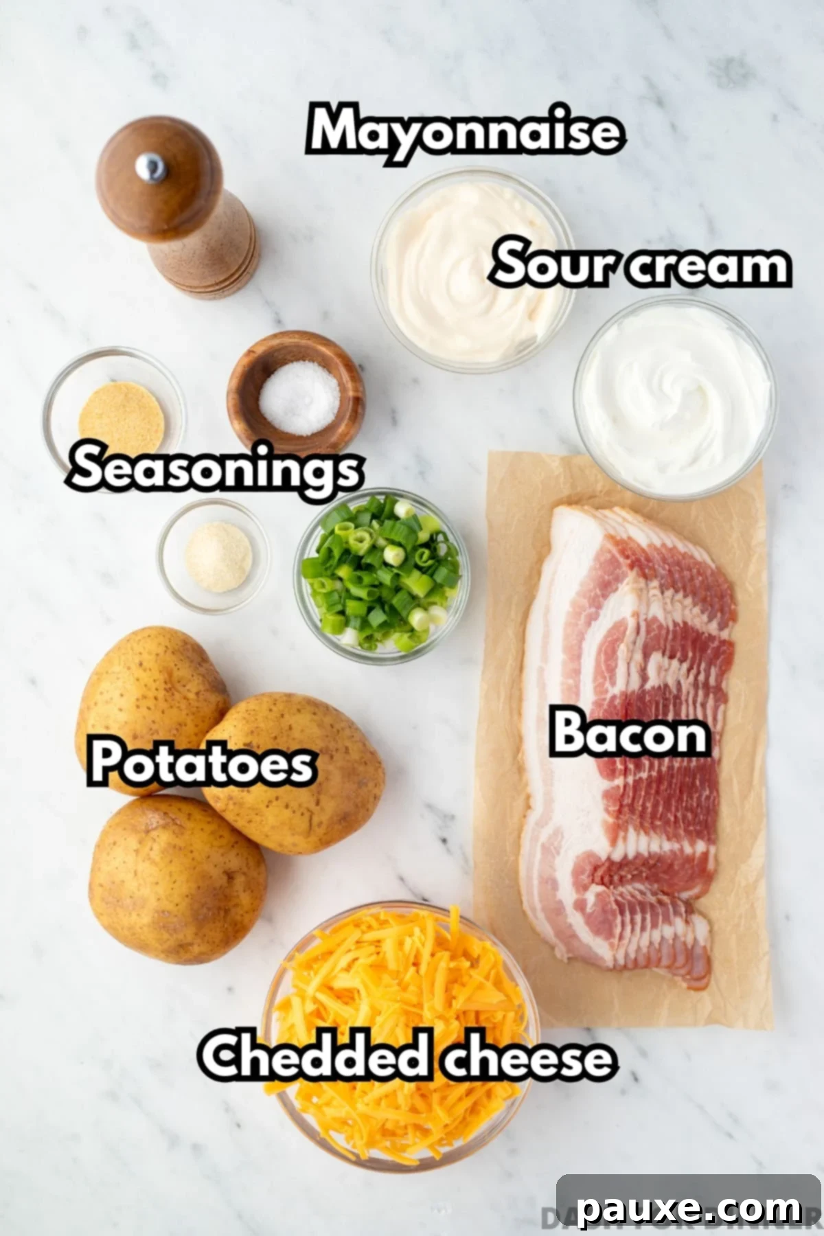 Deep South Midnight Spuds 3 The ingredients needed to make Mississippi Mud potatoes, including cheese, bacon, sour cream, and mayonnaise.