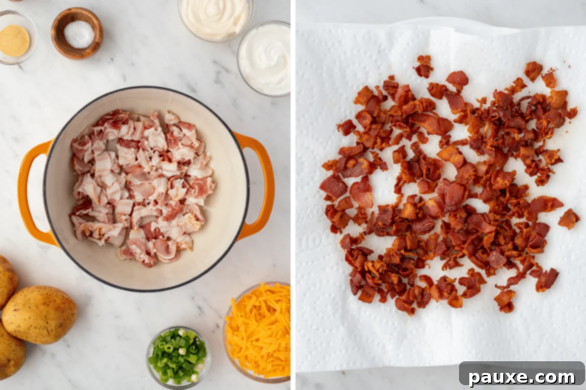 Deep South Midnight Spuds 4 Cooking bacon in a dutch oven, then draining the pieces on a paper towel lined plate.