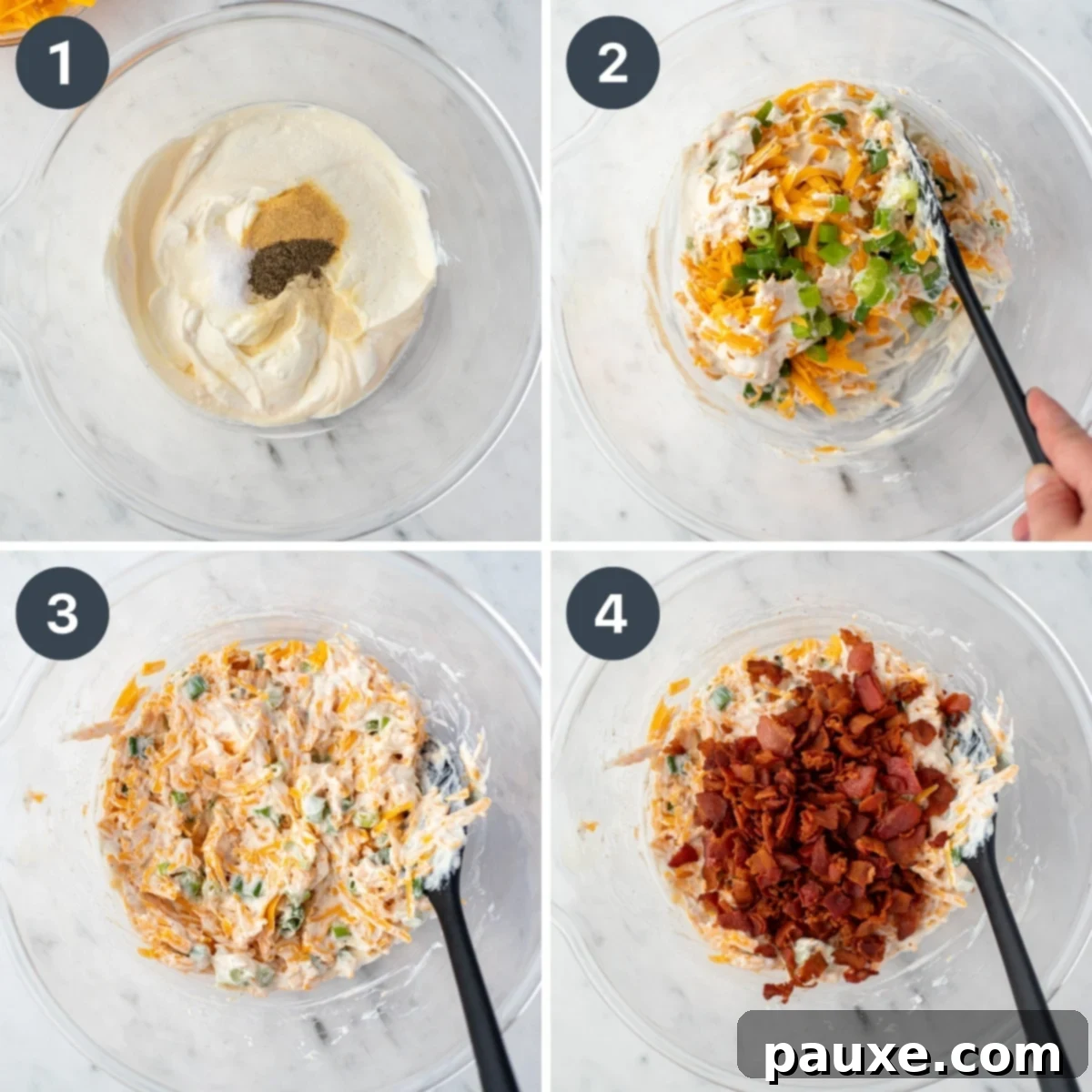 Deep South Midnight Spuds 5 Adding ingredients to a bowl to make a sauce for potatoes. Includes cheese, bacon, sour cream, and mayo.