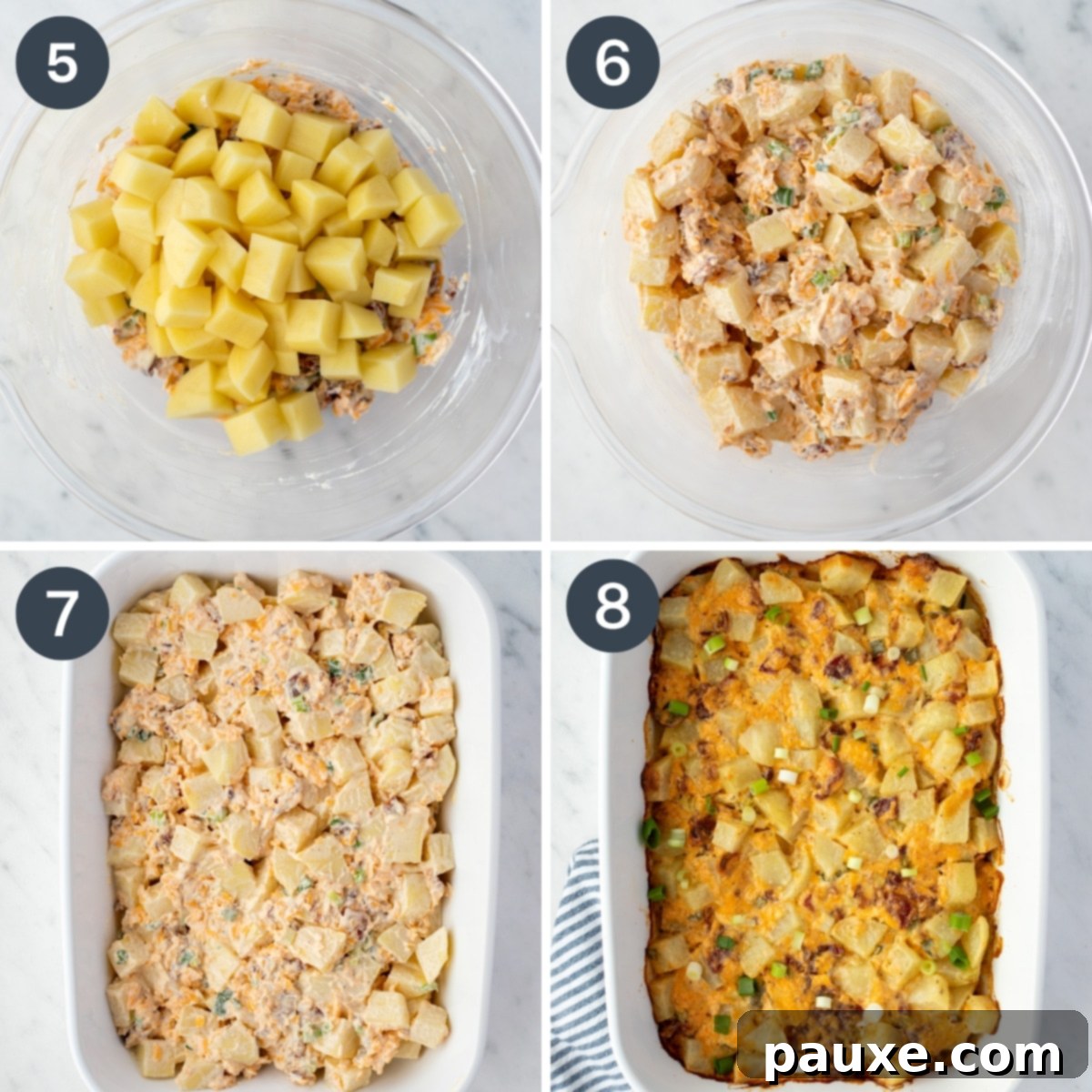 Deep South Midnight Spuds 6 Adding coated potatoes to a baking dish, then baking them until golden brown.