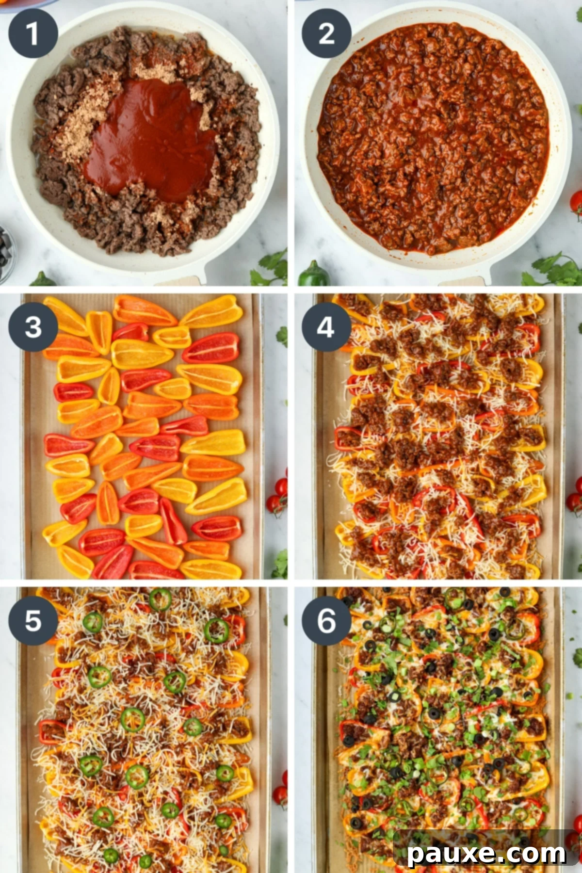 Bell Pepper Nacho Boats 4 A sheet pan loaded with halved mini bell peppers, being generously topped with seasoned ground beef, a liberal amount of shredded cheese, and various fresh, colorful toppings, ready for baking.