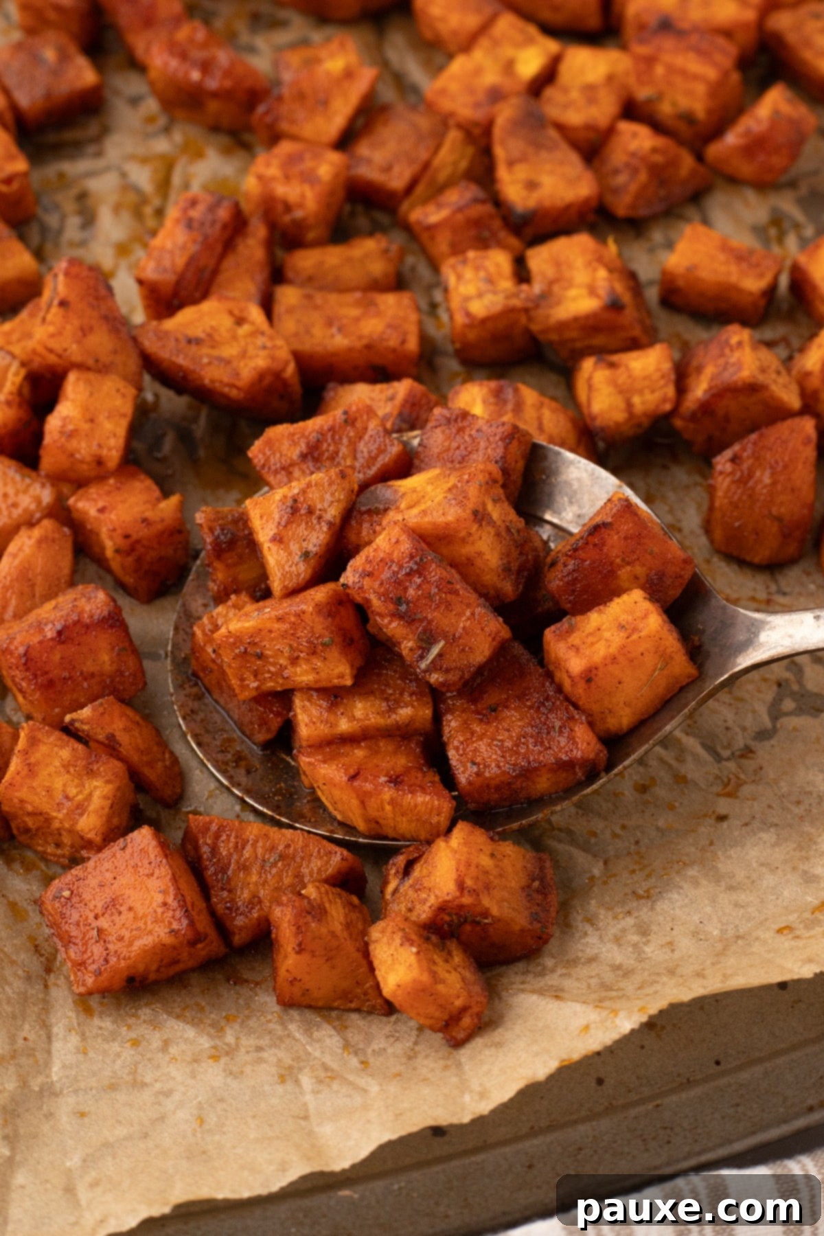 Golden Roasted Sweet Potato Bites 8 A spoon scooping up golden roasted sweet potato cubes from a dark roasting pan, highlighting their crispy edges.