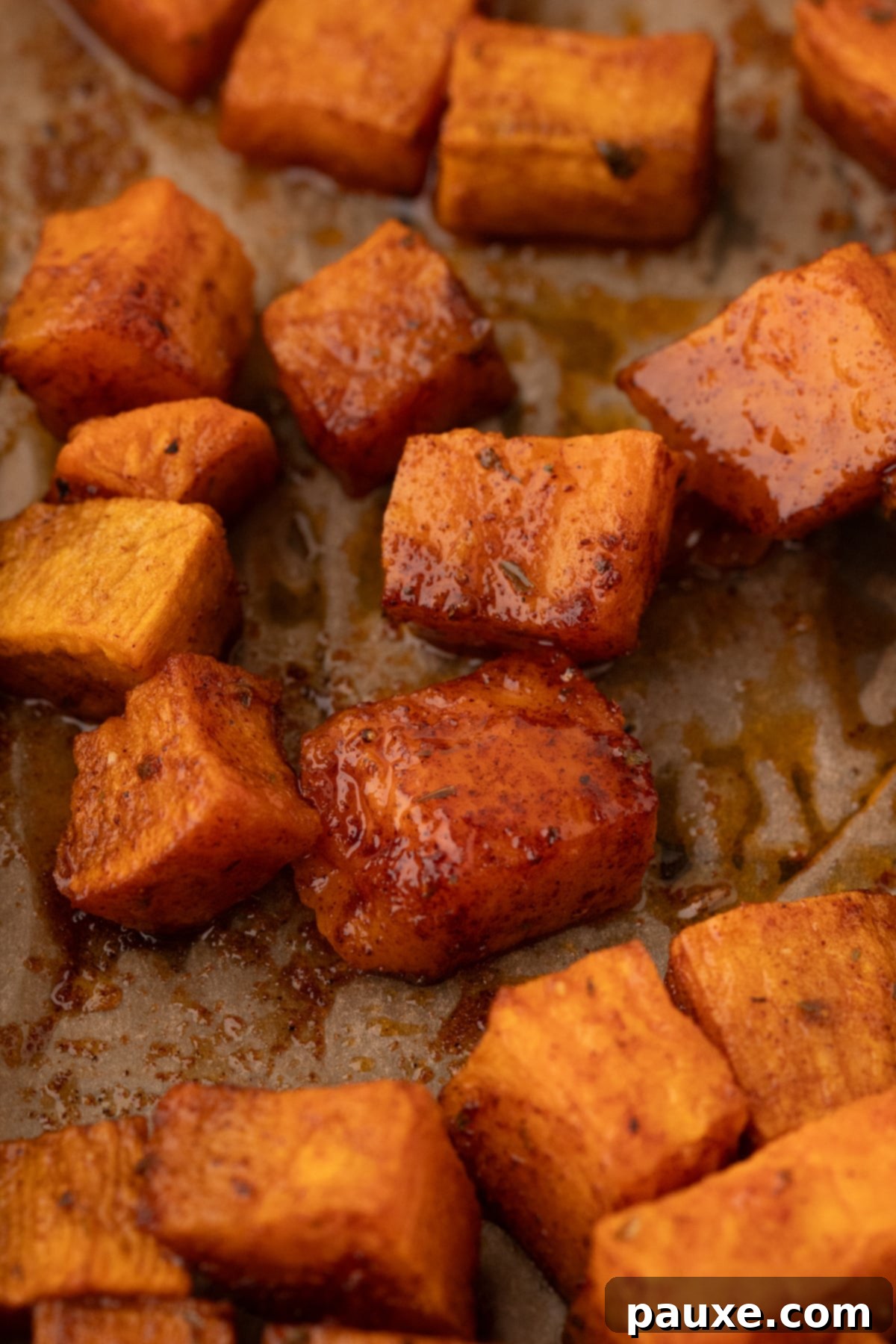 Golden Roasted Sweet Potato Bites 10 A close-up shot of seasoned sweet potato cubes arranged on a parchment-lined sheet pan, ready for roasting.