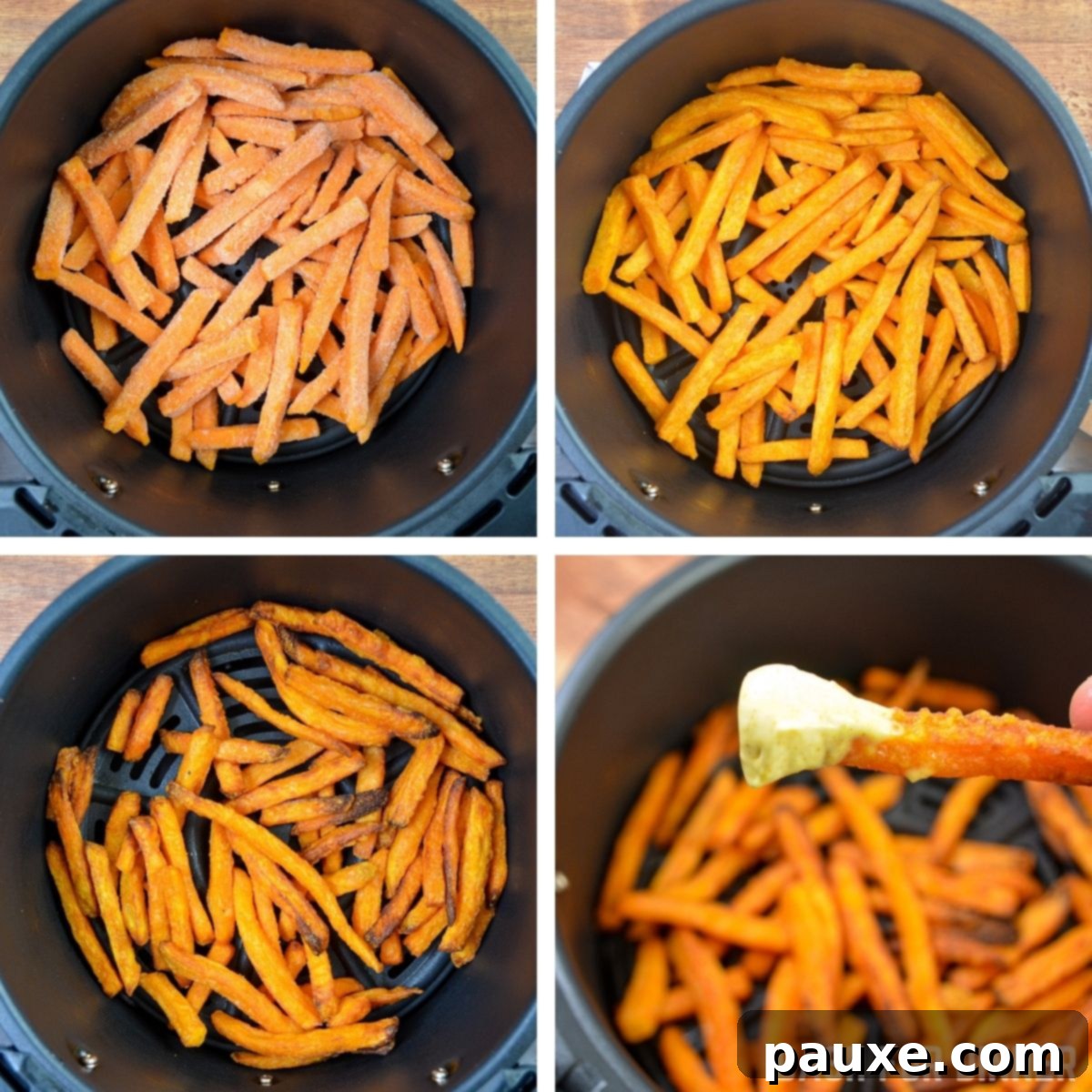 Crispy Air Fryer Sweet Potato Fries 4 Step-by-step image of adding frozen sweet potato fries to an air fryer basket.