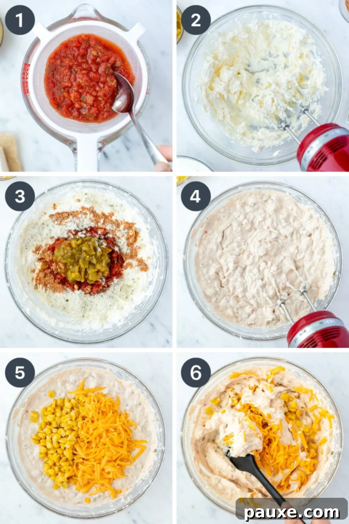 Blending cream cheese in a large bowl, then adding other ingredients like sour cream, seasoning, salsa, and cheese.