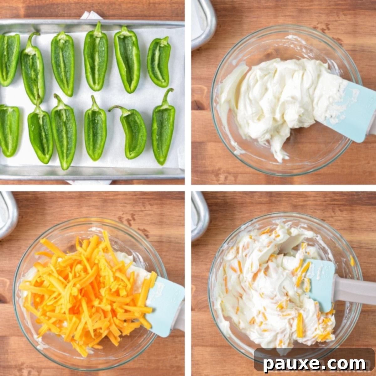 Crispy Air-Fried Jalapeño Poppers 4 A step-by-step photo showing how to halve and hollow out a jalapeno pepper, preparing it for filling.